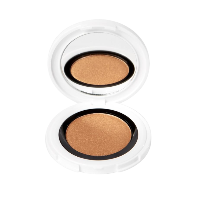 UND-GRETEL-IMBE-EYE-SHADOW-3-BRONZE Bronzefarbener Lidschatten in weißer runder Dose, geöffnet, auf weißem Hintergrund.