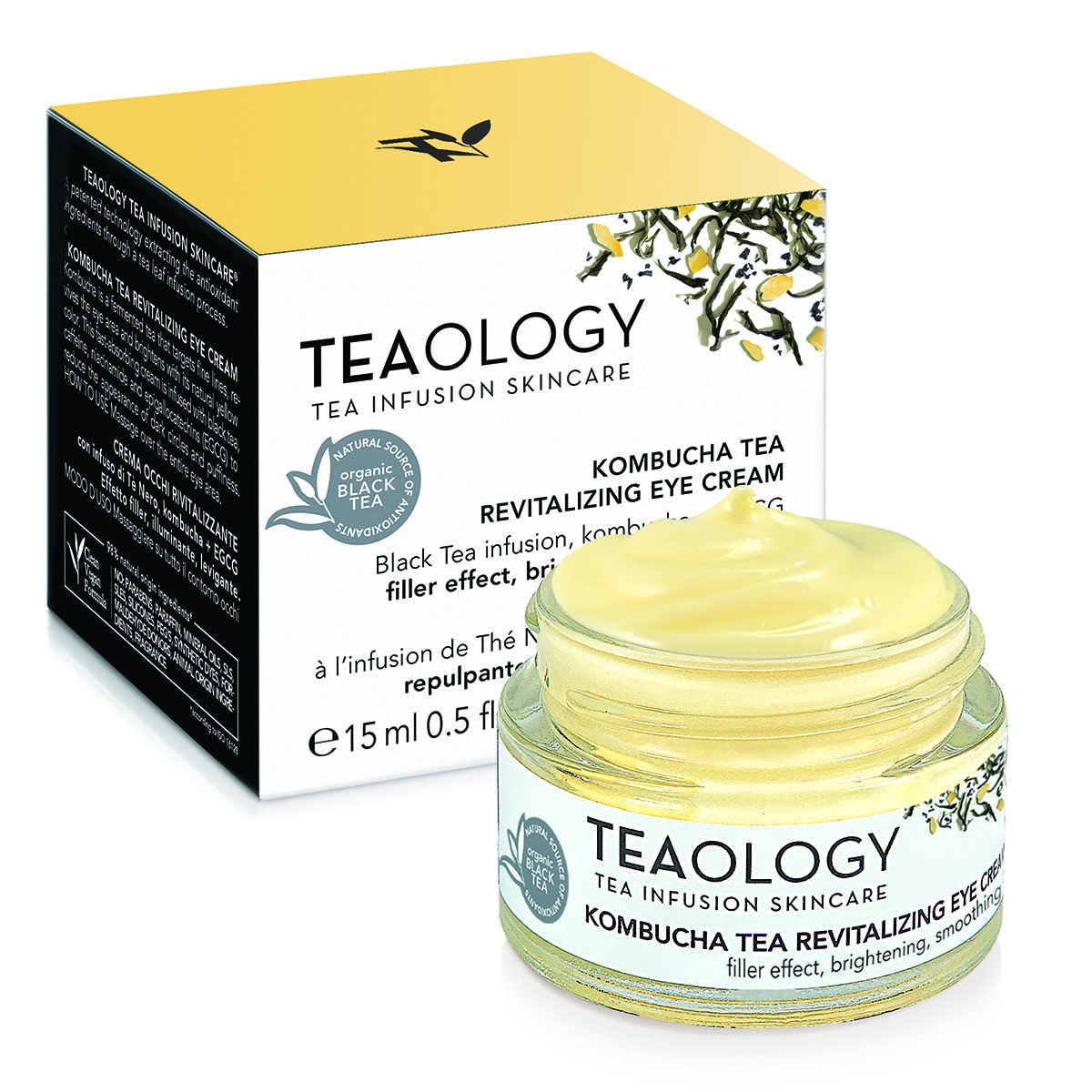 TEAOLOGY Kombucha Tea Revitalizing Eye Cream, 15 ml, in geöffneter Glasdose vor Produktverpackung.