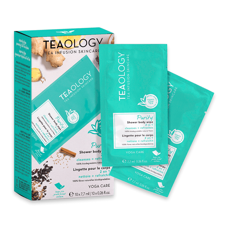 teaol_optimized-purity-pack TEAOLOGY Purity Duschpflege-Set, bestehend aus einer Box und zwei Duschpflege-Tüchern, auf weißem Hintergrund.