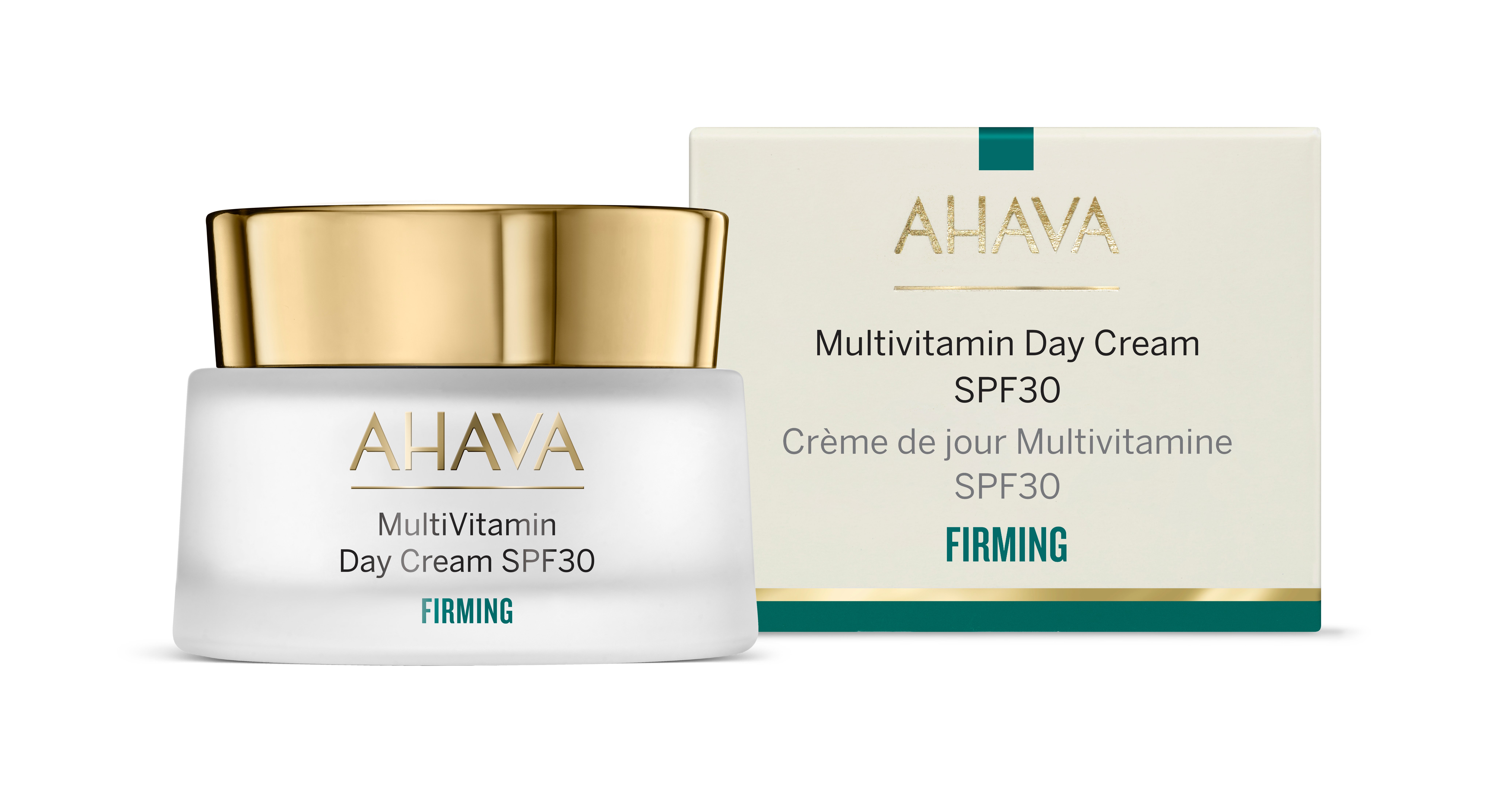 Multivitamin-Day-Cream-Ahava AHAVA Multivitamin Day Cream SPF30 in weißem Tiegel mit goldfarbenem Deckel, Verpackung im Hintergrund.
