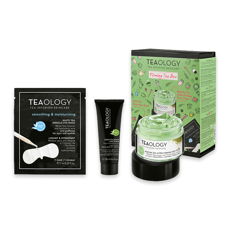 Teology Hautpflege-Set: Glättende Feuchtigkeitsmaske, straffende Creme und Gesichtsmaske in einer grünen Box.
