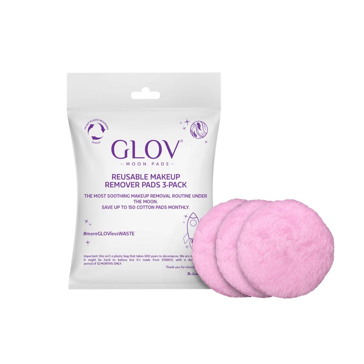 Wiederverwendbare GLOV Make-up-Entferner-Pads (3er-Pack) in Rosa, Verpackung und Pads nebeneinander.