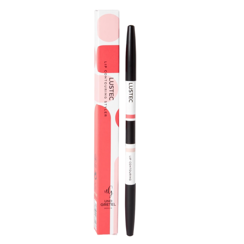UND-GRETEL-LUSTEC-LIP-COUNTOURING-STYLER-03-SOFT-PINK UND GRETEL LUSTEC Lip Contouring Styler 03 Soft Pink, Lippenkonturenstift neben Verpackung.