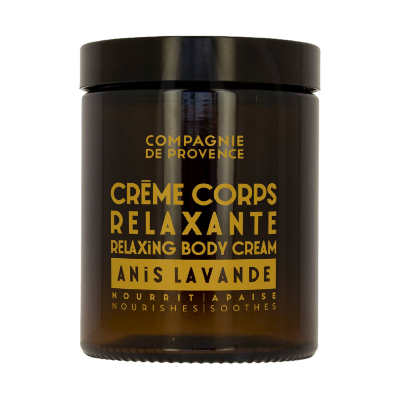 BODY-CREAM-180ML-ANISE-LAVENDER Braunes Glasgefäß mit der Aufschrift 'Crème Corps Relaxante Anis Lavande' von Compagnie de Provence.