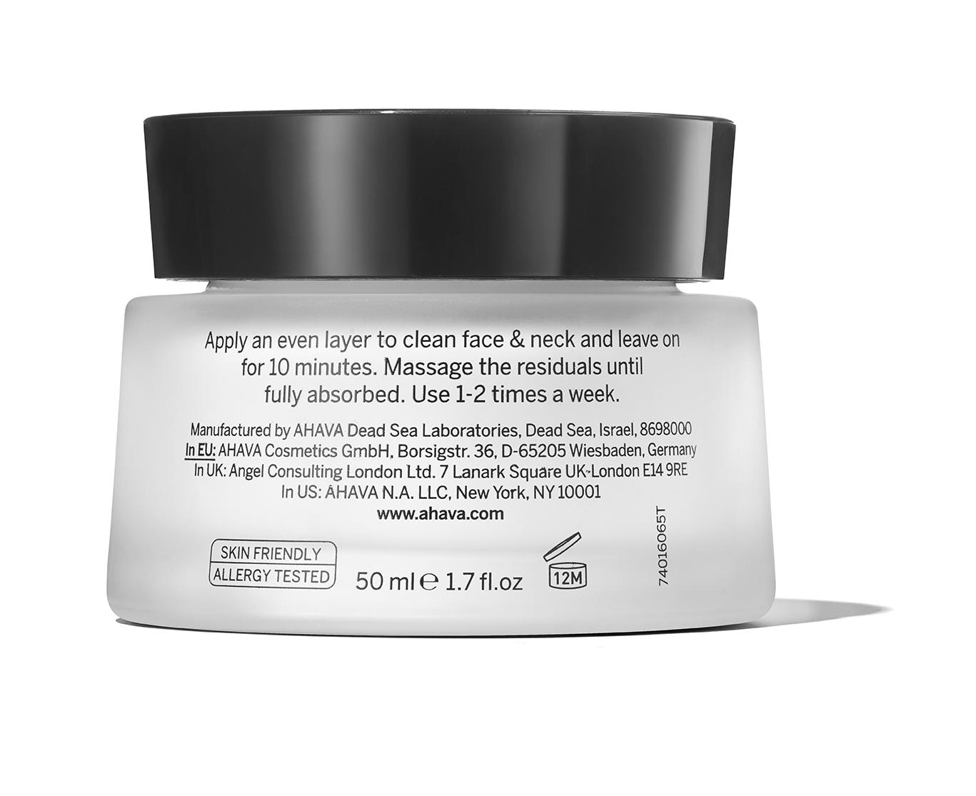 Ein Glas mit AHAVA-Creme, 50 ml, mit Anweisungen zur Anwendung auf Gesicht und Hals.