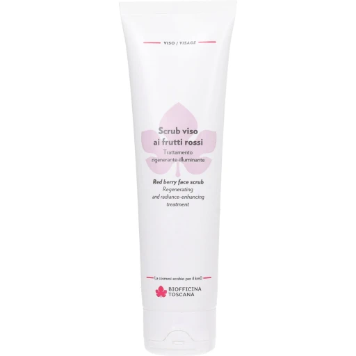 Tube mit Biofficina Toscana Scrub Viso ai Frutti Rossi, regenerierende und strahlungsfördernde Gesichtsbehandlung.