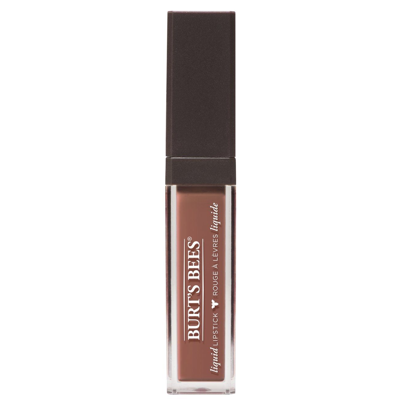 Burt's Bees Flüssig-Lippenstift in brauner Farbe in einer rechteckigen Flasche mit schwarzem Deckel.