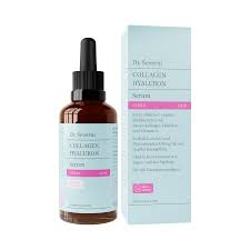 Dr. Severin Collagen Hyaluron Serum in brauner Flasche mit Pipette und hellblauer Verpackung.