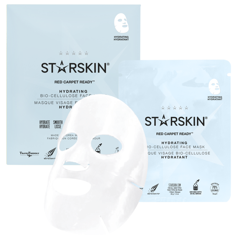 STARSKIN Red Carpet Ready Hydrating Bio-Cellulose Gesichtsmaske, Verpackung und Maske, blau und weiß.