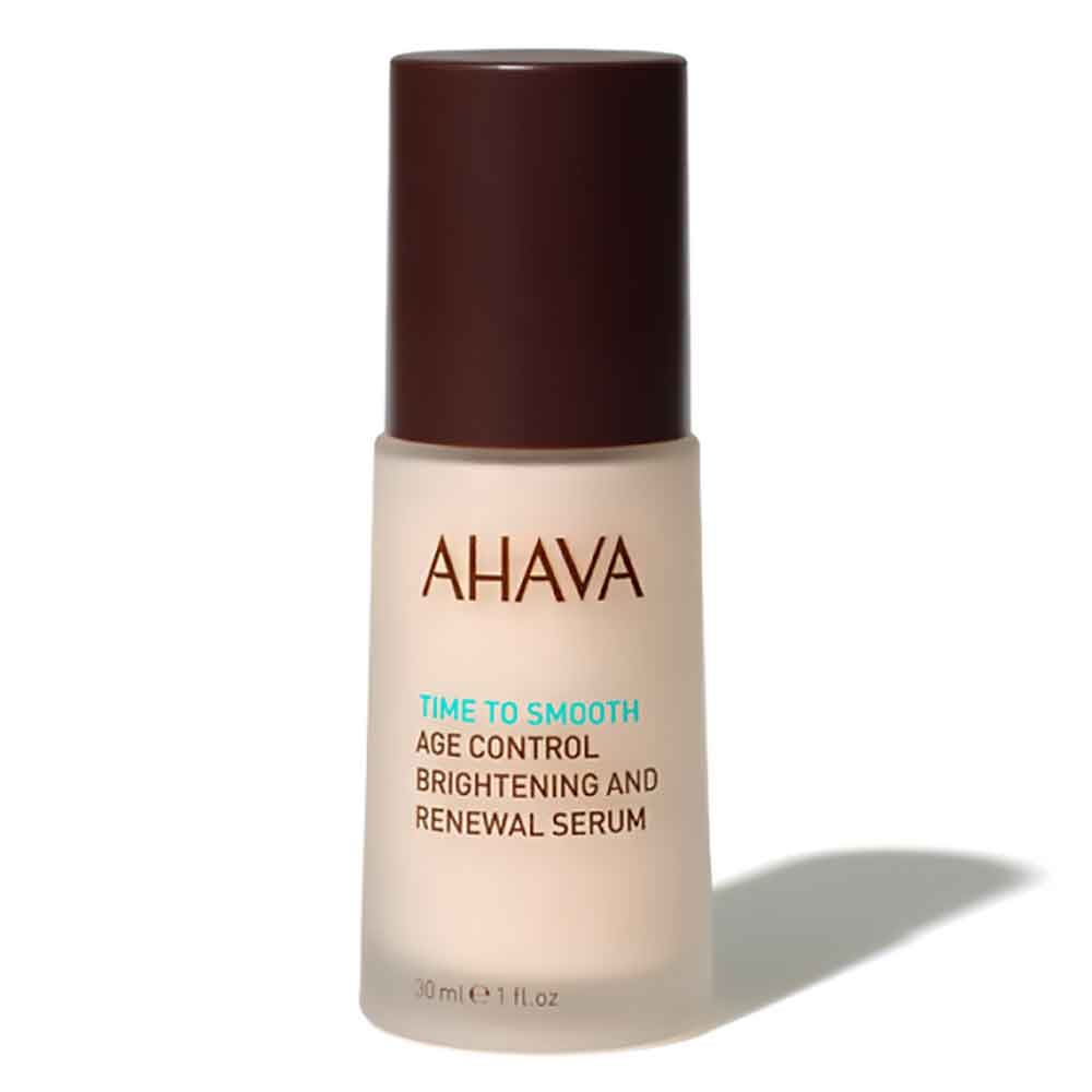 AHAVA Time to Smooth Age Control Brightening and Renewal Serum, 30 ml Flasche, auf weißem Hintergrund.