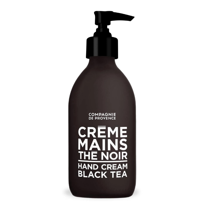 HAND-CREAM-300ML-BLACK-TEA Schwarze Flasche Handcreme mit schwarzem Tee, 300 ml, von Compagnie de Provence.