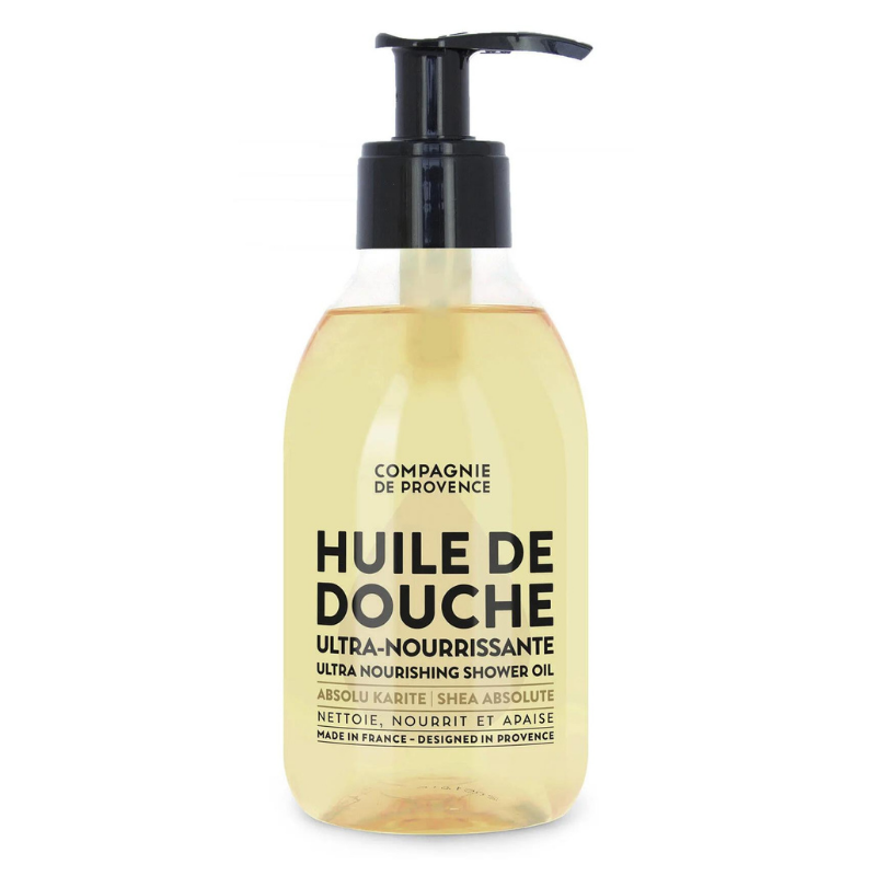 Flasche mit Compagnie de Provence Ultra-Nourishing Shower Oil, 300ml, Karité/Shea, mit Pumpspender.