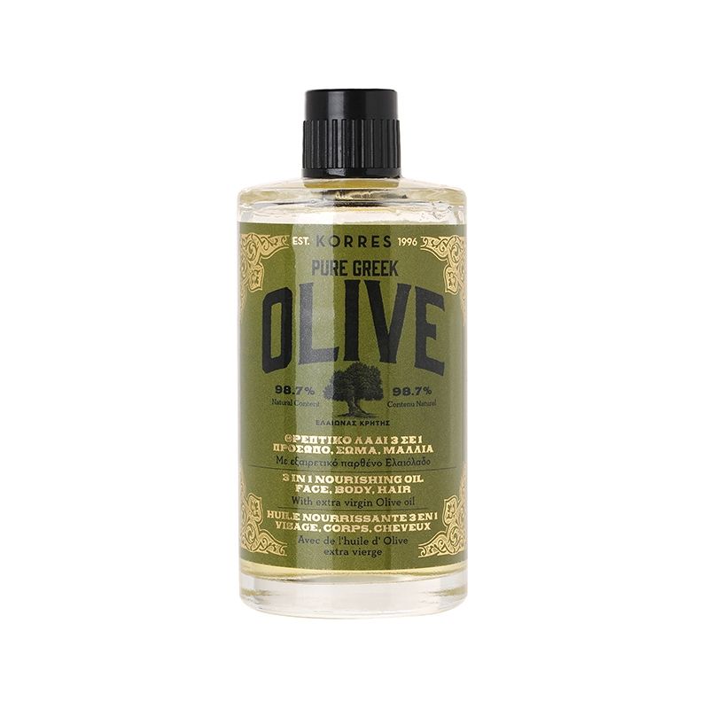 Eine Flasche Korres Pure Greek Olive 3-in-1 Nähröl mit grünem Etikett und schwarzem Deckel.