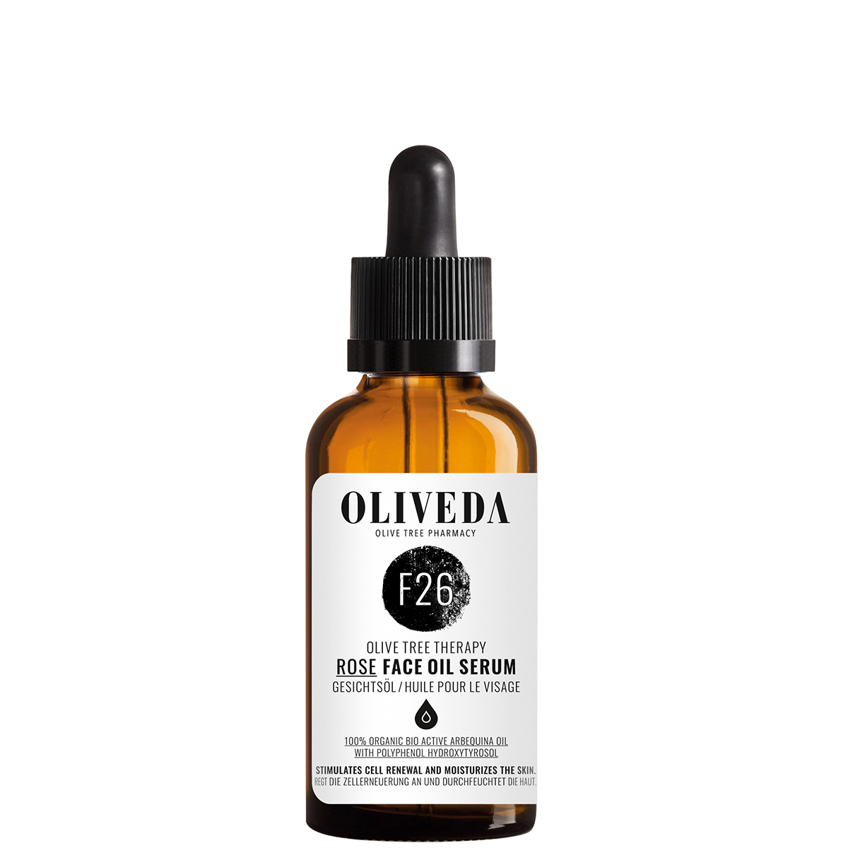 OLIVEDA_1200x1200_72dpi_F26_FaceOilSerum_Rose_50ml OLIVEDA F26 Rose Face Oil Serum, 50ml Flasche mit Pipette, Olivenbaumtherapie, 100% Bio, für Gesichtspflege.