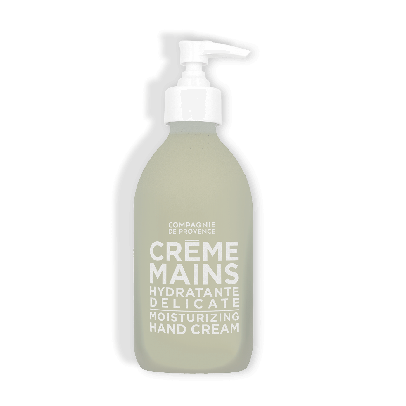 Pumpspender mit 300 ml feuchtigkeitsspendender Handcreme von Compagnie de Provence, Beschriftung in Weiß auf grauem Hintergrund.