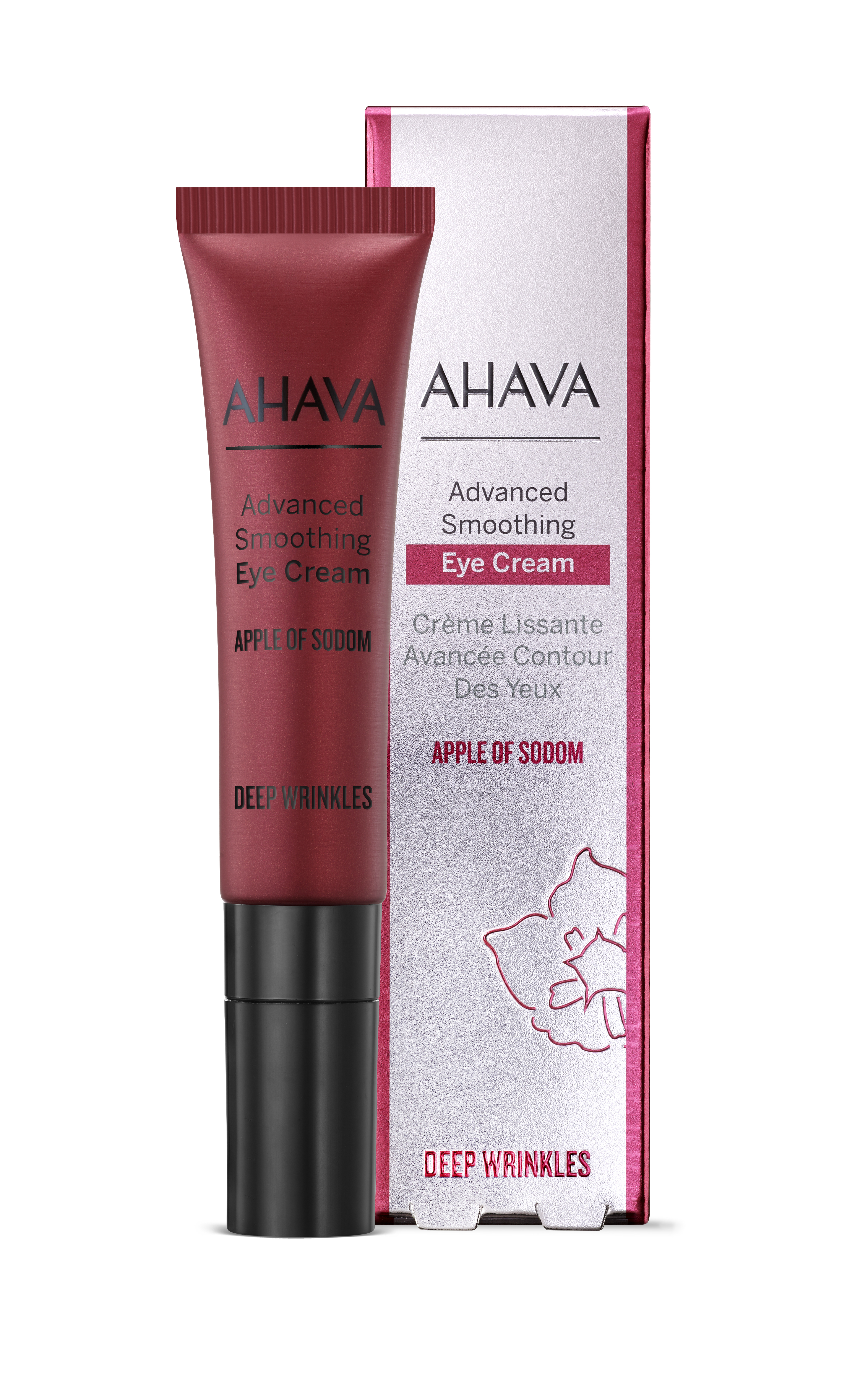 AHAVA Advanced Smoothing Eye Cream, rote Tube und Verpackung, Produkt zur Faltenreduktion, 15 ml.