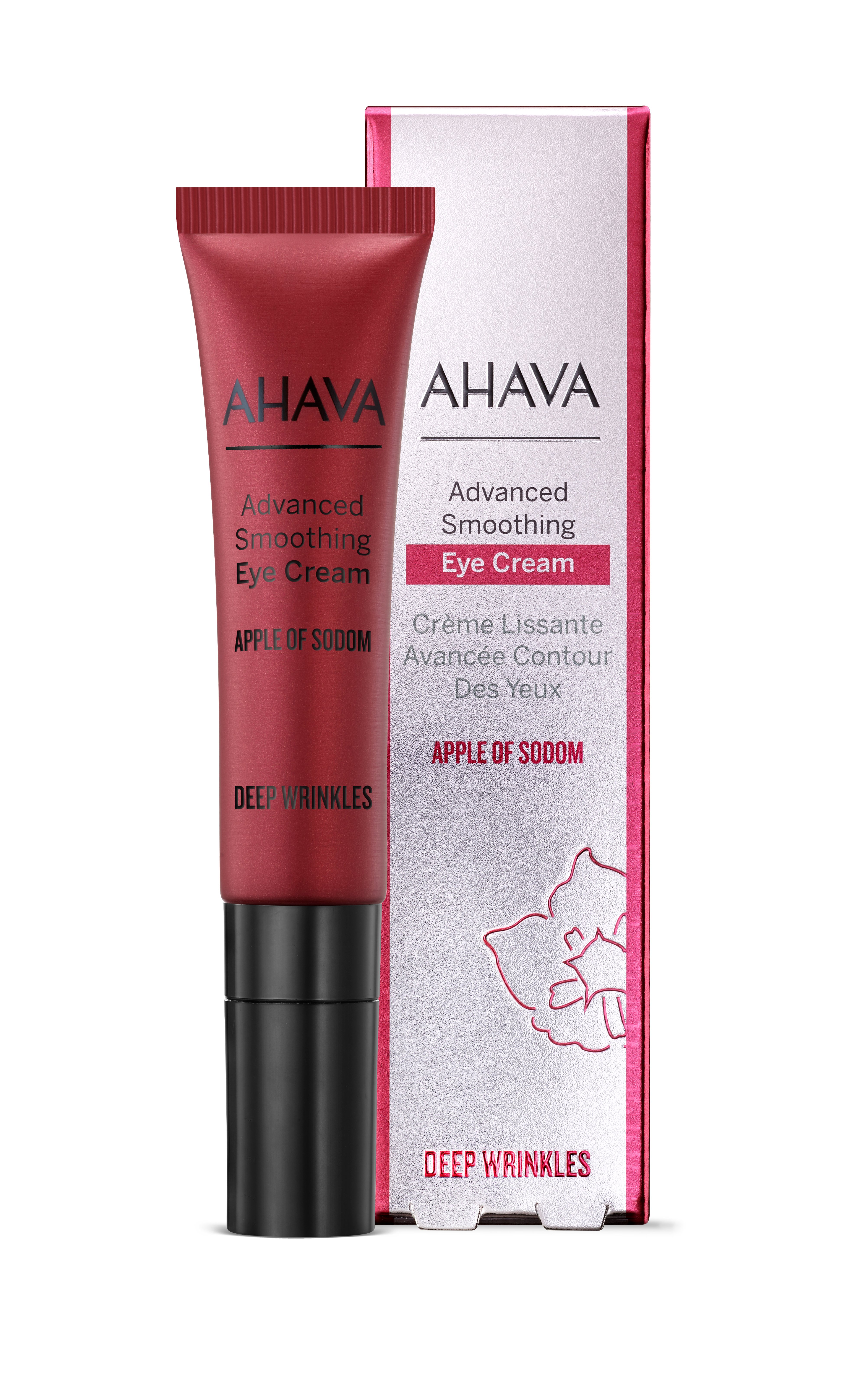 Advanced-Smoothing-Eye-Cream AHAVA Advanced Smoothing Eye Cream, rote Tube und Verpackung, Produkt zur Faltenreduktion, 15 ml.