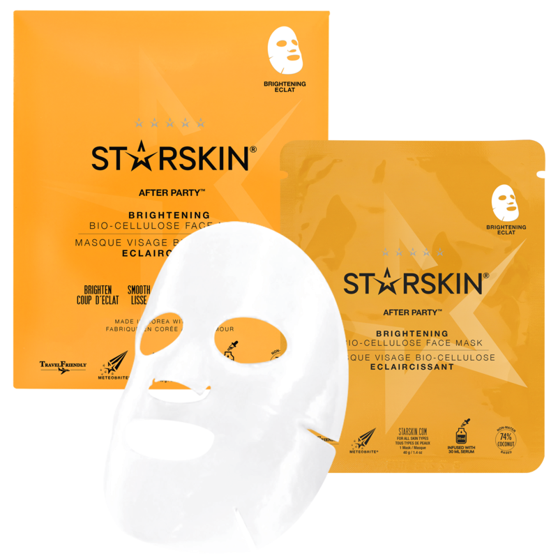 STARSKIN After Party Aufhellende Bio-Cellulose-Gesichtsmaske, Verpackung und Maske, orangefarbener Hintergrund.