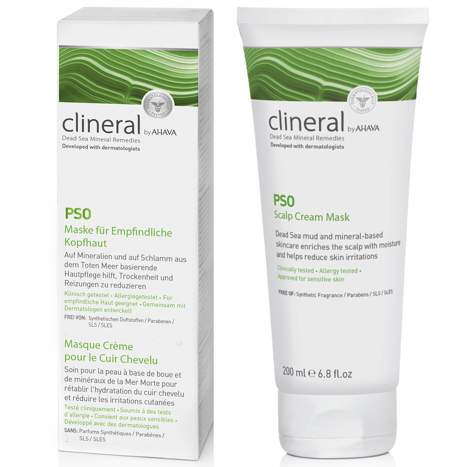 Clineral PSO Maske für empfindliche Kopfhaut und PSO Scalp Cream Mask, 200 ml, von AHAVA.