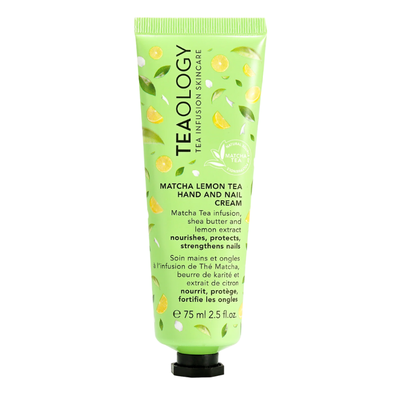 Grüne Tube mit TEAOLOGY Matcha Lemon Tea Hand- und Nagelcreme, 75 ml, mit Zitronen- und Matcha-Design.