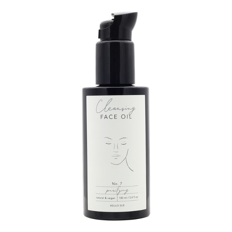 Schwarze Flasche mit HELLO SUE No. 7 Cleansing Face Oil, 100 ml, vegan und natürlich.