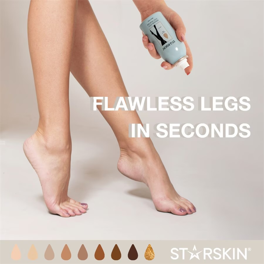 Person sprüht Produkt auf Beine, Text 'FLAWLESS LEGS IN SECONDS', verschiedene Hauttöne und Logo 'STARSKIN' unten.
