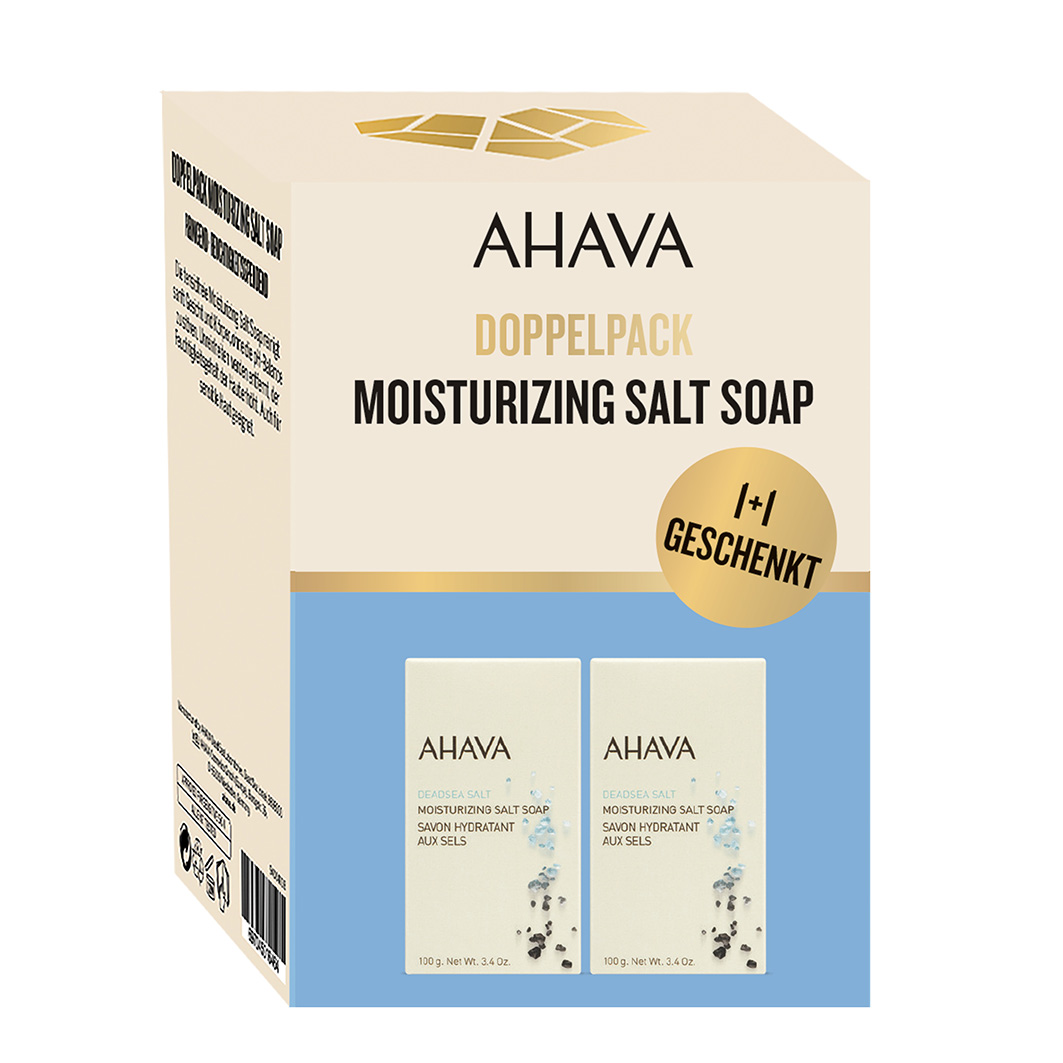 AHAVA Doppelpack Moisturizing Salt Soap, 2 Seifenstücke in einer beige-blauen Verpackung, 1+1 geschenkt.