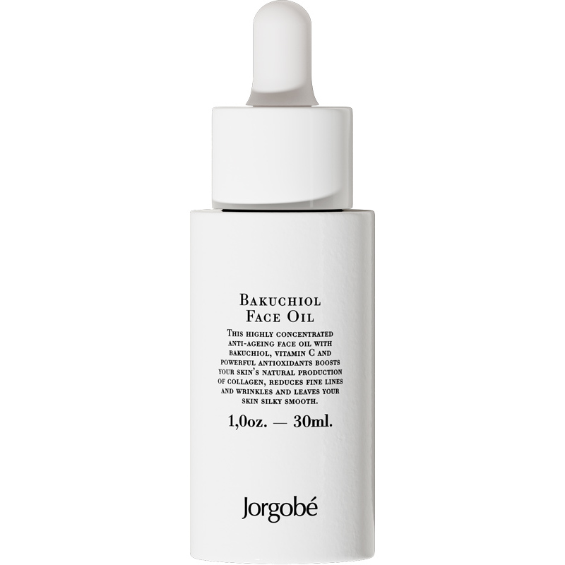 Flasche Jorgobé Bakuchiol Gesichtsöl, 30ml, mit Pipette und Text auf der Vorderseite.