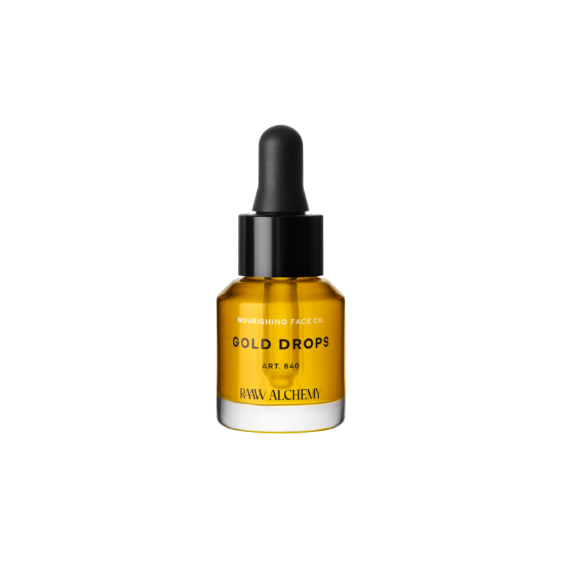 RAAW Alchemy Gold Drops Gesichtsöl in Reisegröße, 15 ml, mit Pipette, auf weißem Hintergrund.