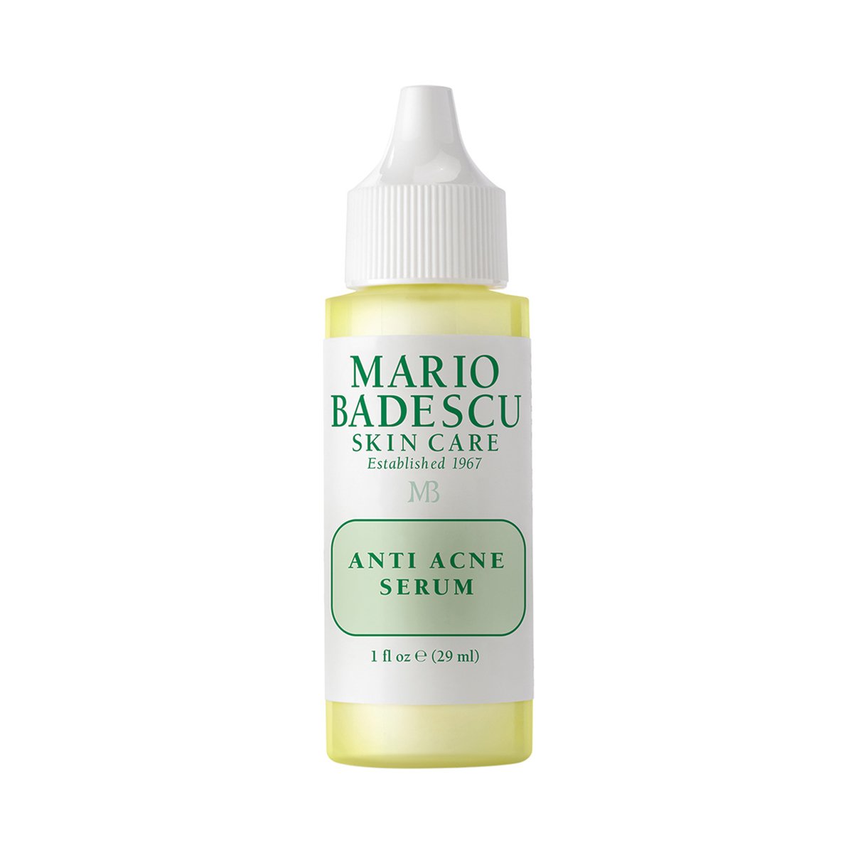 Flasche Mario Badescu Anti-Akne-Serum, 29 ml, mit weißem Verschluss und grünem Etikett.
