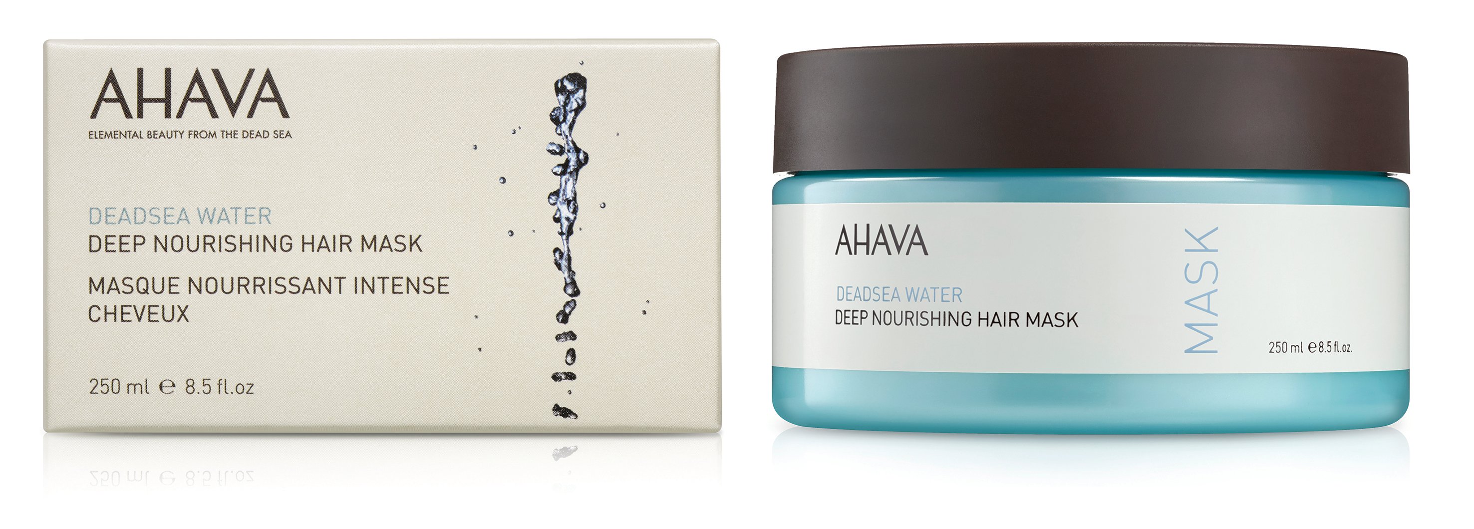 0697045155668 AHAVA Dead Sea Water Deep Nourishing Hair Mask, 250 ml, Verpackung und Tiegel, auf weißem Hintergrund.