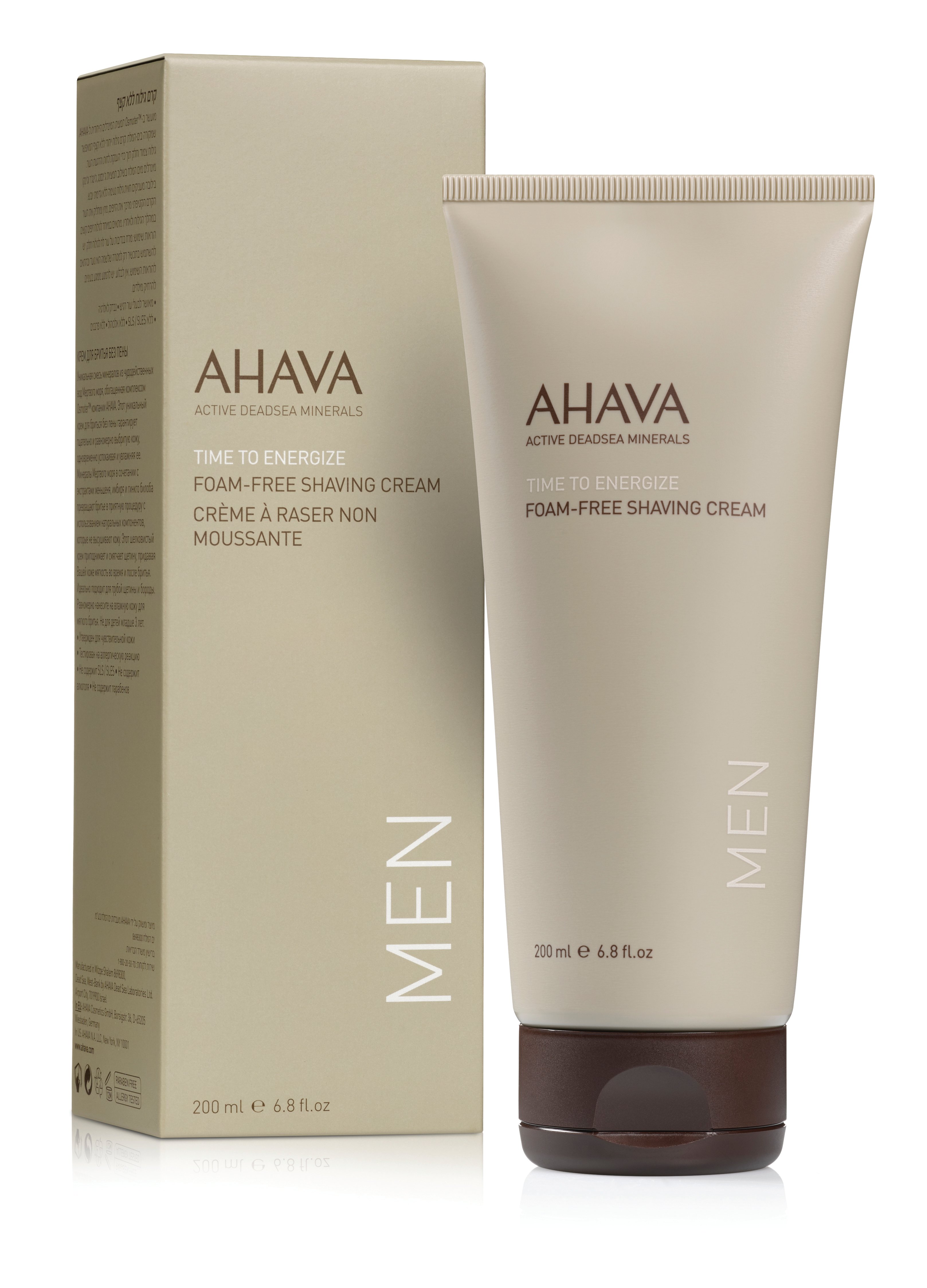 0697045158744 AHAVA Time to Energize Rasiercreme für Männer, 200 ml Tube neben der Verpackung.