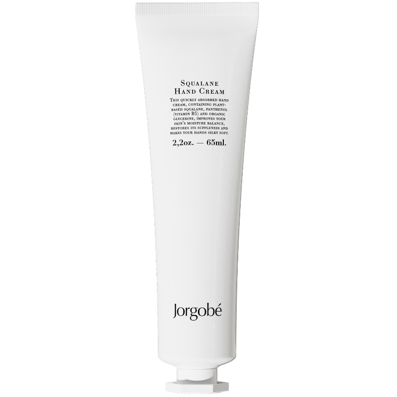 Weiße Tube Jorgobé Squalane Handcreme, 65ml, auf weißem Hintergrund.