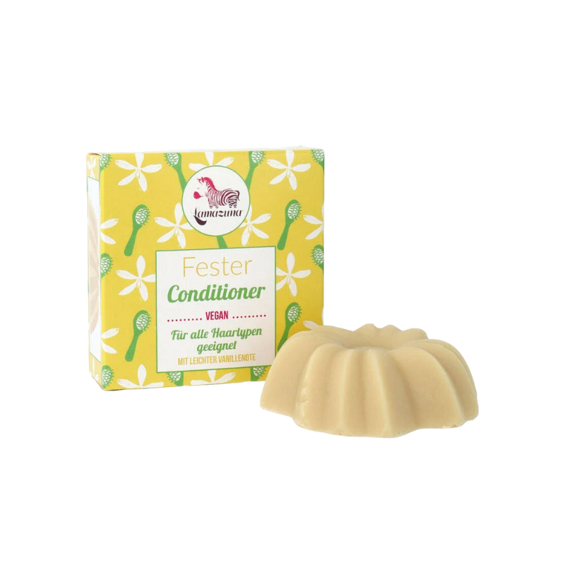 Lamazuna fester Conditioner mit Vanilleduft, veganes Produkt, geeignet für alle Haartypen, Verpackung und Produkt abgebildet.