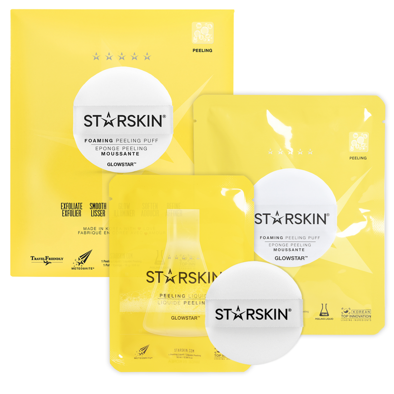 STARSkin Glowstar Peeling-Set mit Peeling-Puff und Peeling-Flüssigkeit in gelber Verpackung.