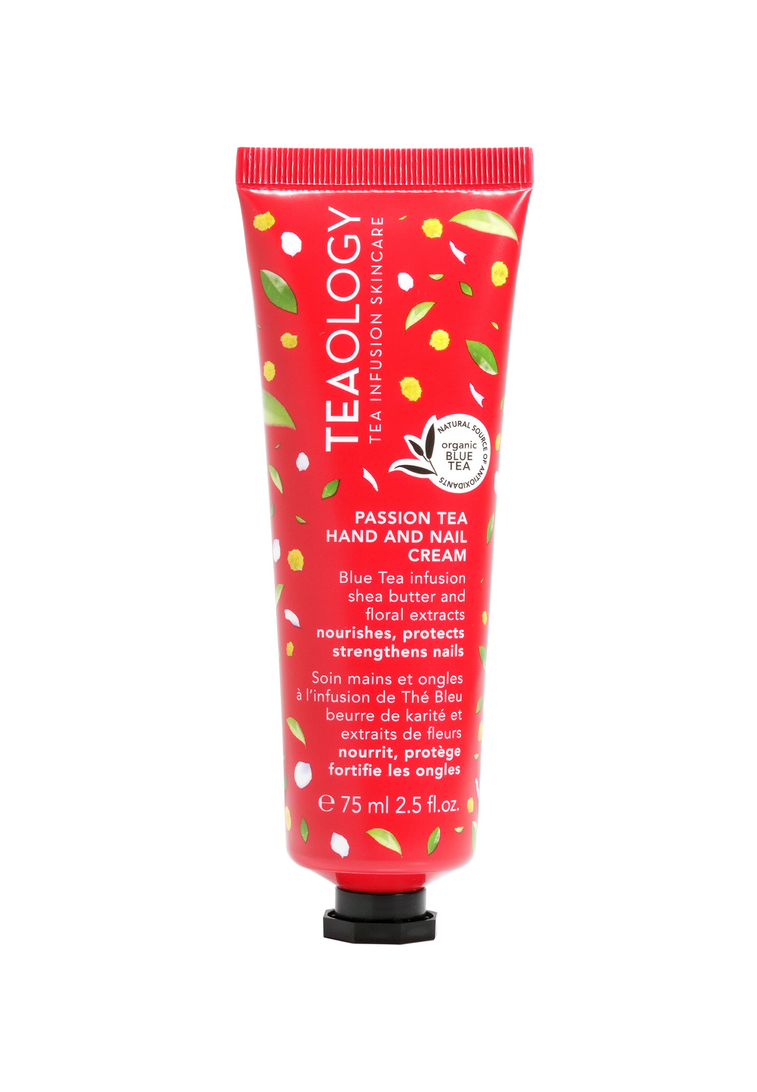 Rote Tube mit Passion Tea Hand- und Nagelcreme von Teaology, 75 ml, mit blauen Tee-Infusion, Sheabutter und Blütenextrakten.