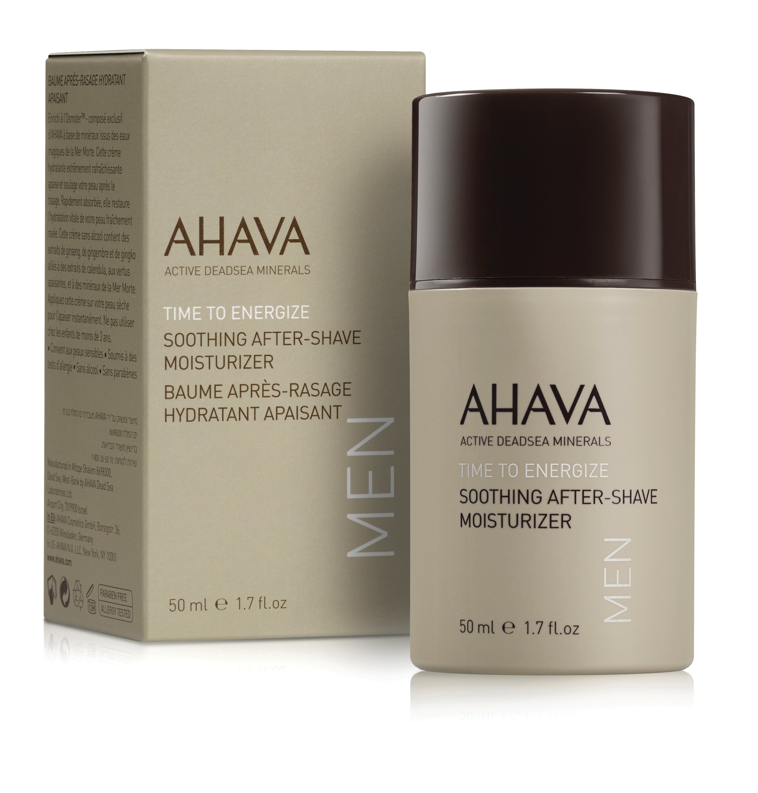 0697045158294 AHAVA Time to Energize Soothing After-Shave Moisturizer für Männer, 50 ml, mit Verpackung.