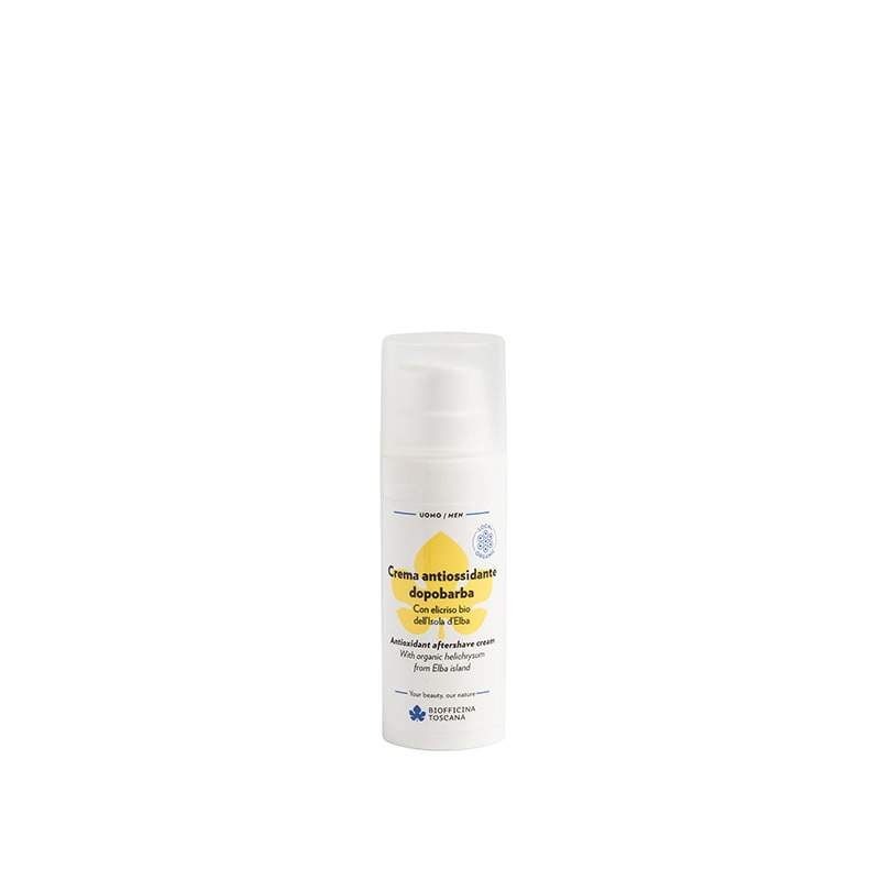 Antioxidative Aftershave-Creme in weißer Flasche mit Pumpverschluss, Produkt von Biofficina Toscana.
