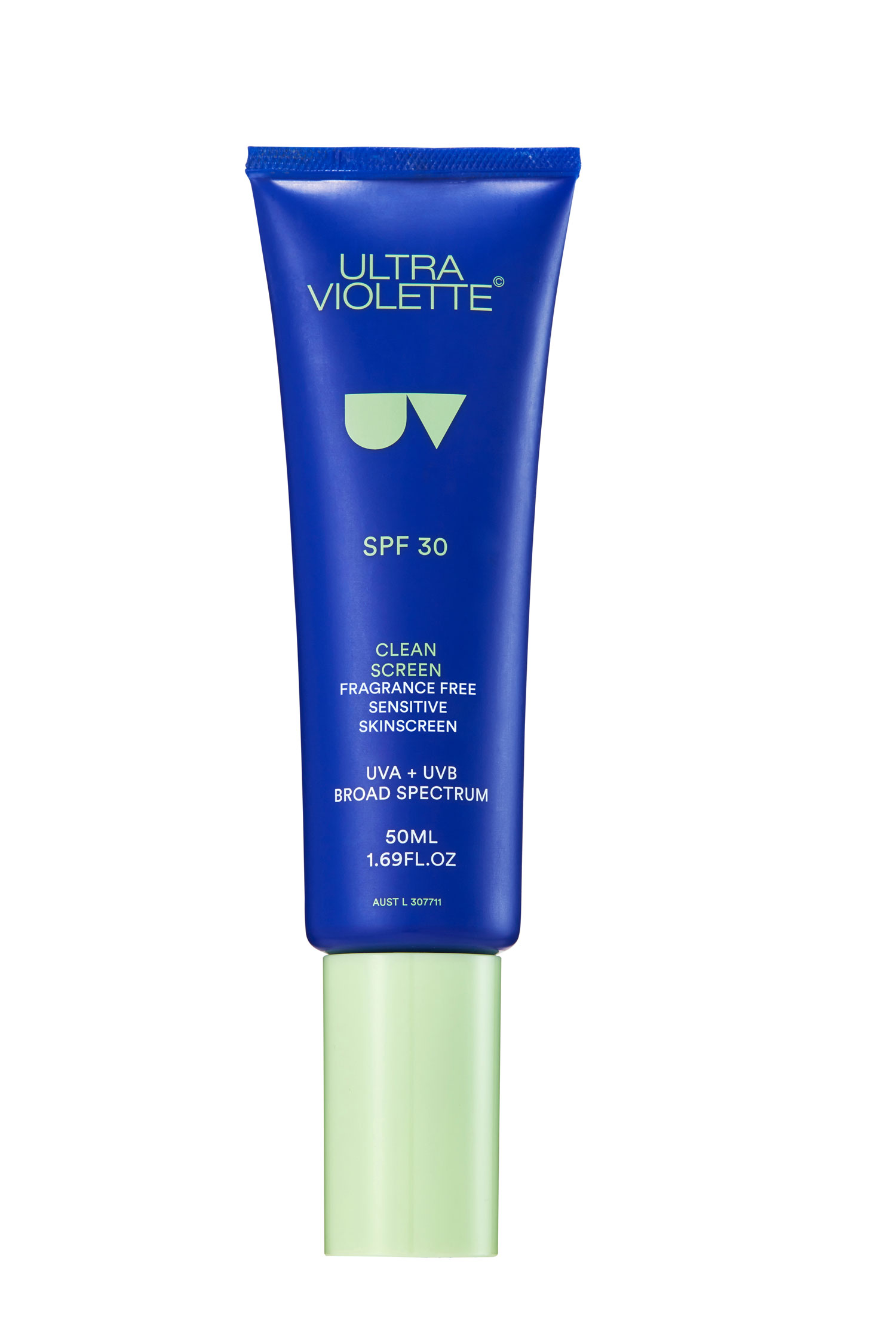 Blauer Sonnenschutz SPF 30 von Ultra Violette, 50ml, für empfindliche Haut, UVA + UVB Breitbandschutz, parfümfrei.