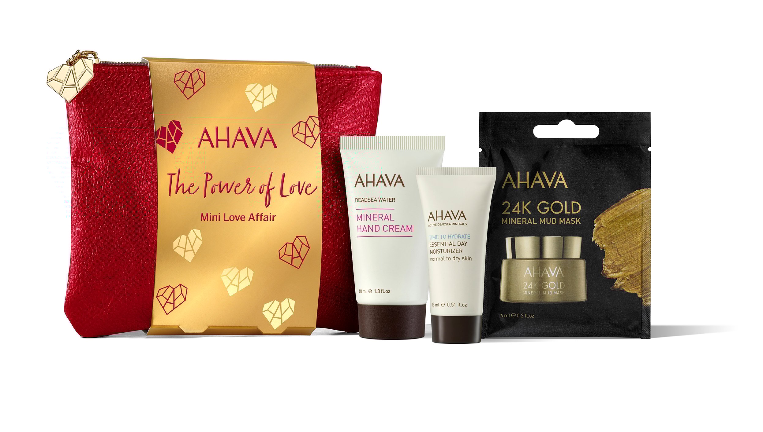 0697045015092 AHAVA Geschenkset mit roter Tasche, Handcreme, Körpercreme und 24K Gold Schlammmaske.