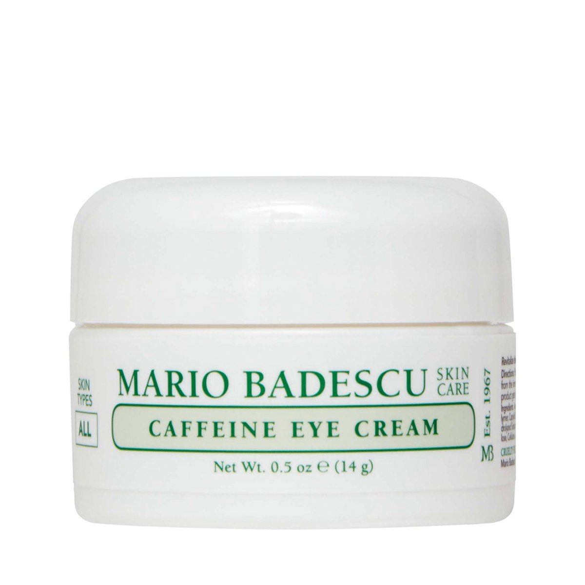30412_0 Weiße Dose Mario Badescu Caffeine Eye Cream, 14g, mit grünem Text auf der Vorderseite.