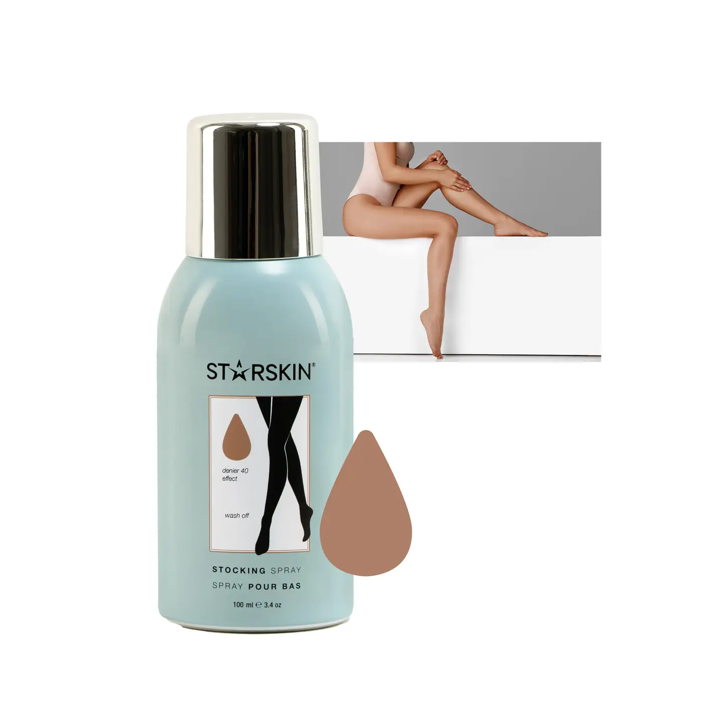 Starskin Strumpfspray, 100 ml Flasche, mit Bild von glatten Beinen im Hintergrund.