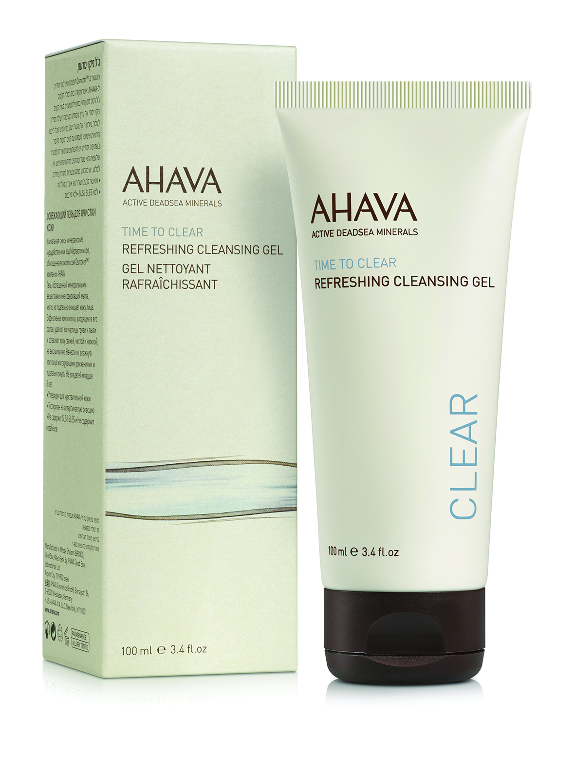 AHAVA Time to Clear Refreshing Cleansing Gel, 100 ml Tube und Verpackung, auf weißem Hintergrund.
