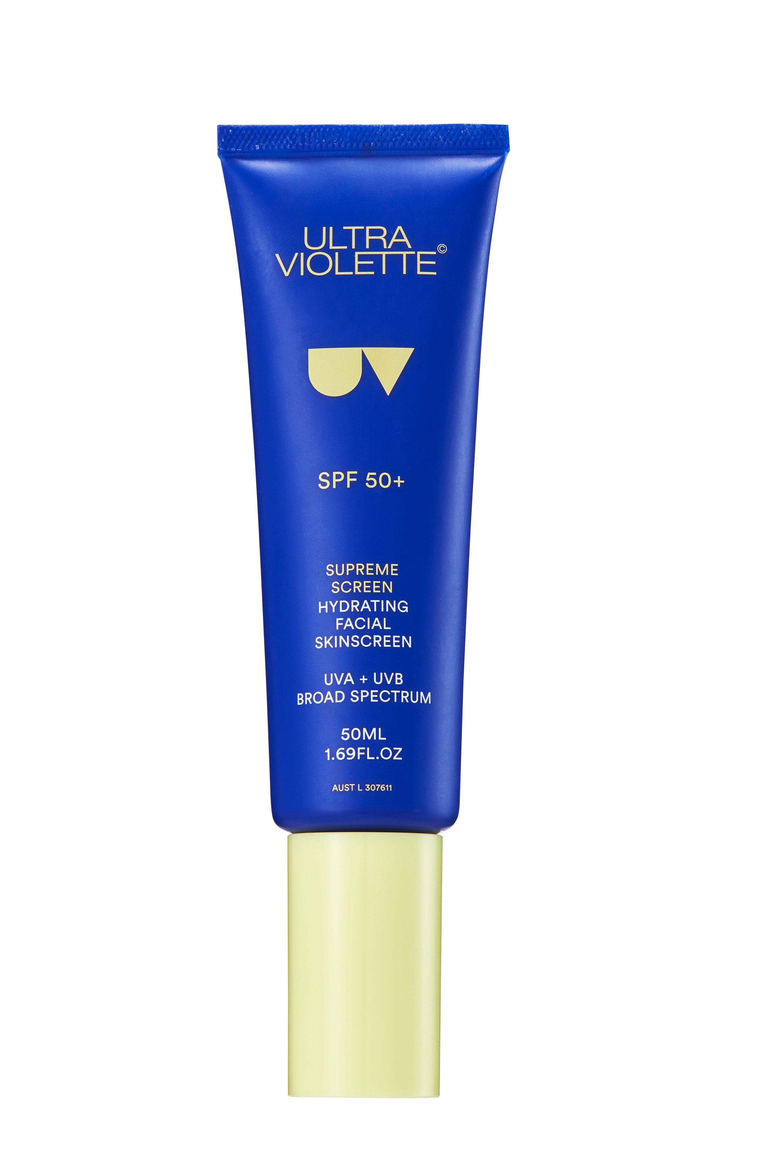 Supreme-Lid-on Blaues Supreme Screen Hydrating Facial Sunscreen SPF 50+ von Ultra Violette, 50ml Tube mit gelbem Deckel.
