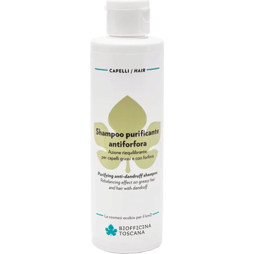 Flasche Biofficina Toscana Shampoo purificante antiforfora, 250 ml, für fettiges Haar und Schuppen, auf weißem Hintergrund.