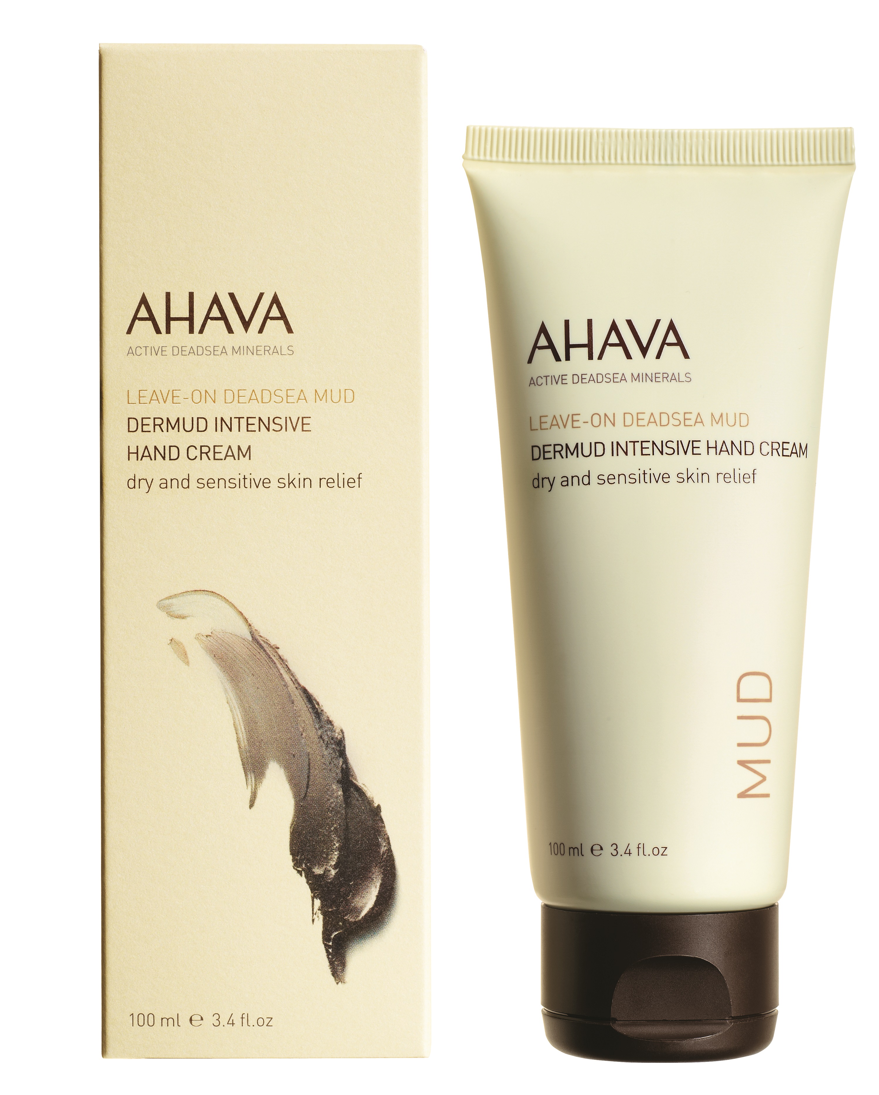 AHAVA Dermud Intensive Handcreme 100 ml, Verpackung und Tube, für trockene und empfindliche Haut.