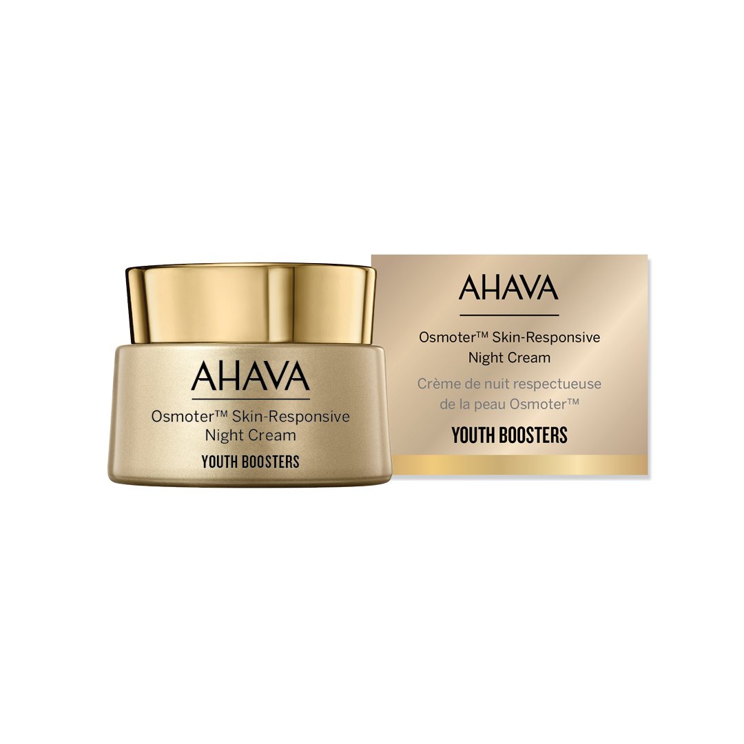 0697045163861 AHAVA Osmoter Skin-Responsive Nachtcreme, Youth Boosters, goldene Verpackung, Produktbild.