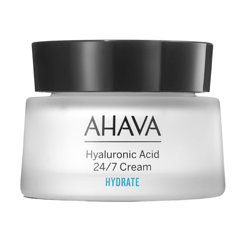 AHAVA-HYALURONIC-ACID-24_7-CREAM AHAVA Hyaluronic Acid 24/7 Cream in einem weißen Tiegel mit schwarzem Deckel, Produkt zur Hautpflege.