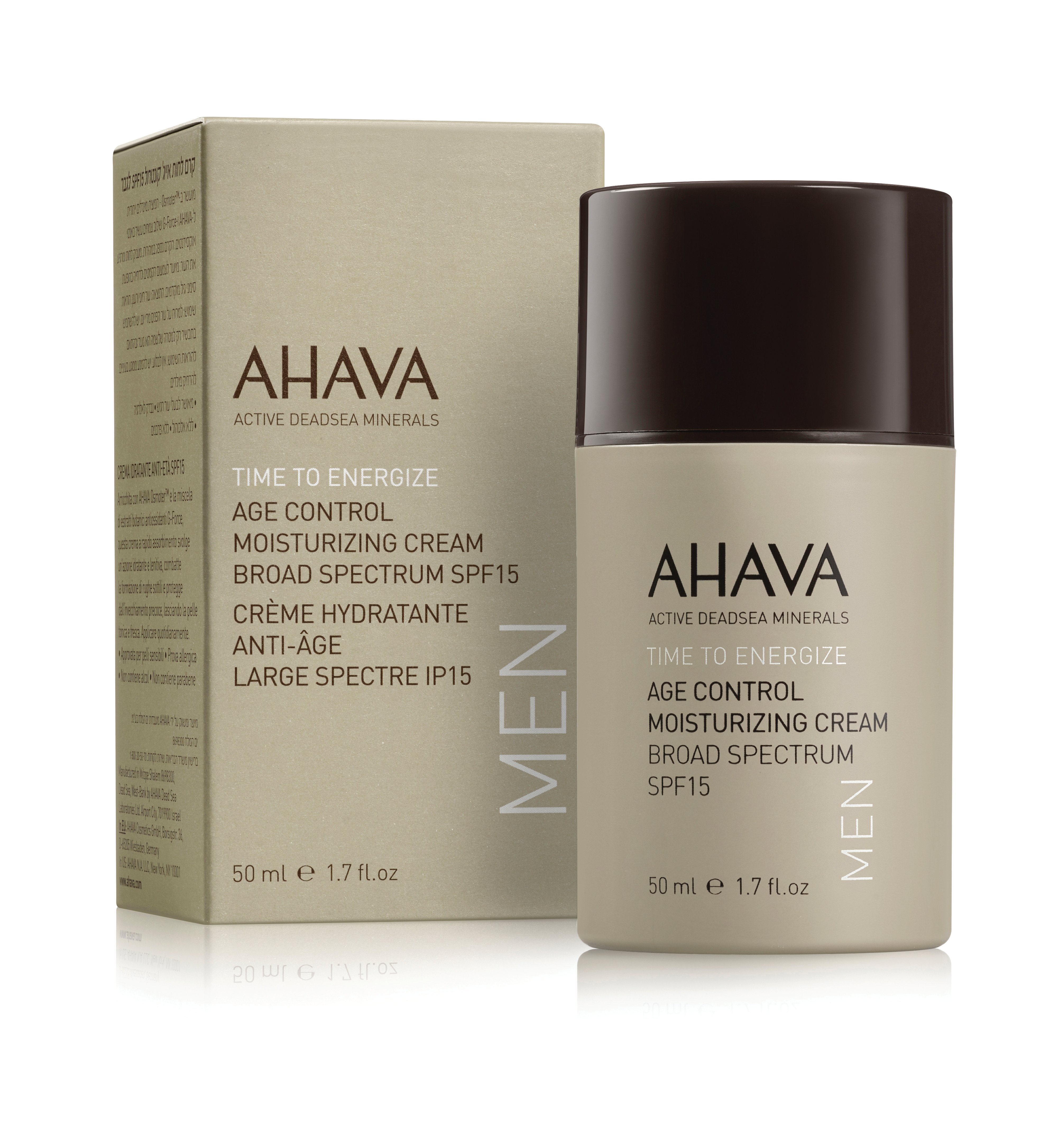 0697045158287 AHAVA Age Control Feuchtigkeitscreme für Männer, 50 ml, SPF 15, Verpackung und Flasche.