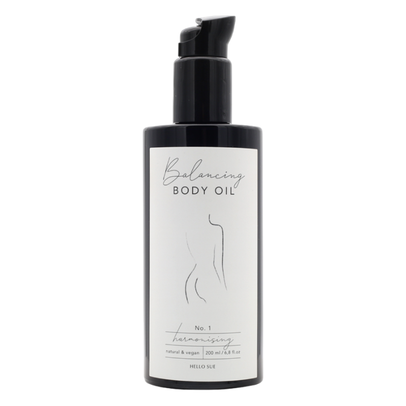 Flasche HELLO SUE No. 1 Balancing Body Oil, 200 ml, natürlich und vegan, mit schwarzem Pumpspender und minimalistischem Etikett.